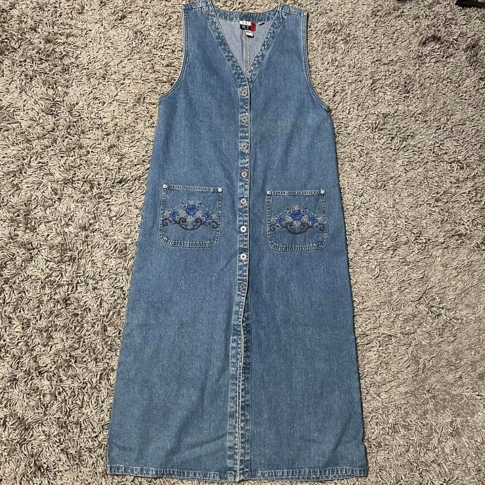 Vintage 90s Cottage Core Boho Maxi Denim Button Up Dress Size M